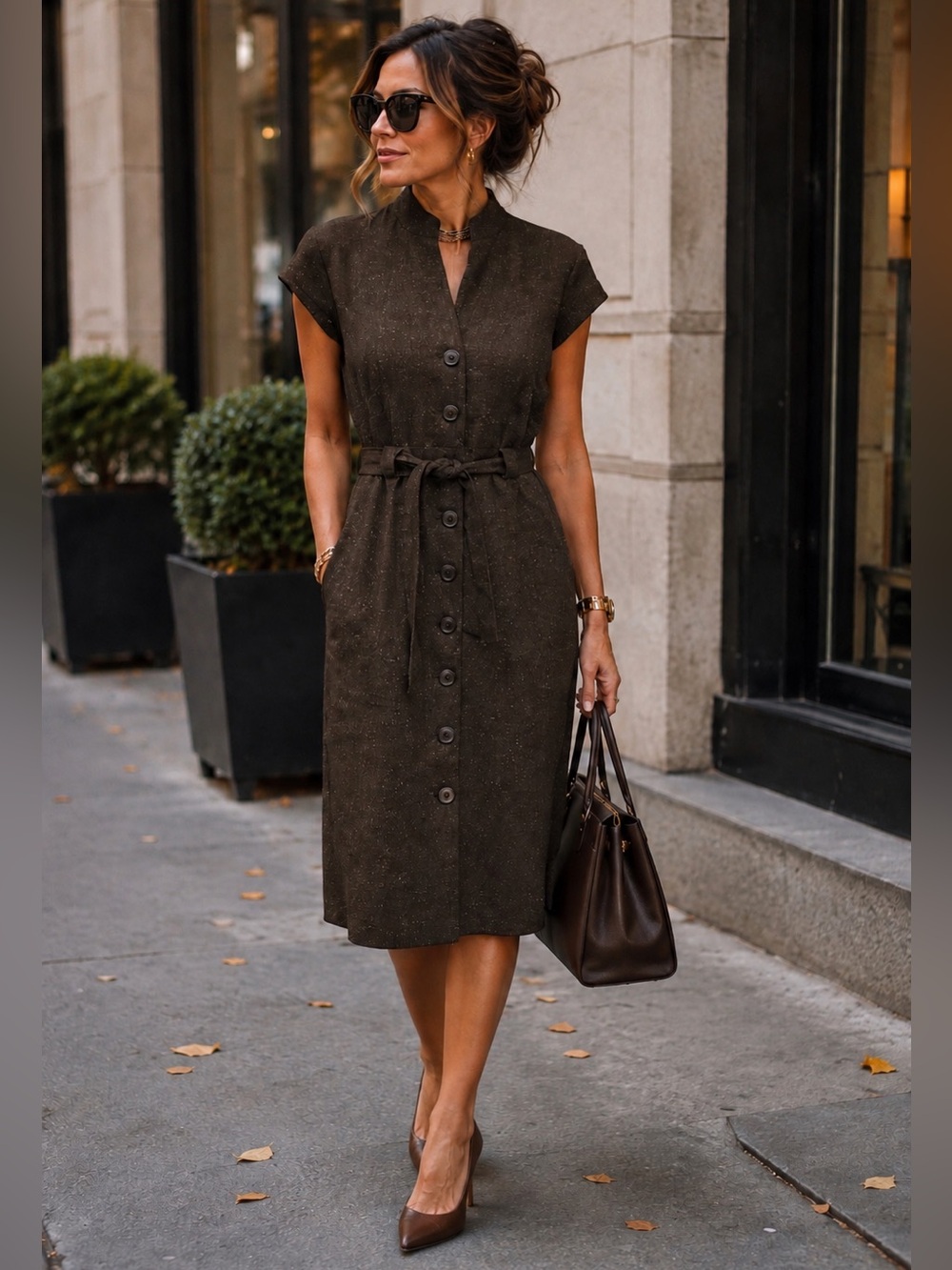 Dress Barn Women's Dark Brown Textured Button-Front Midi Dress with Tie Belt 12